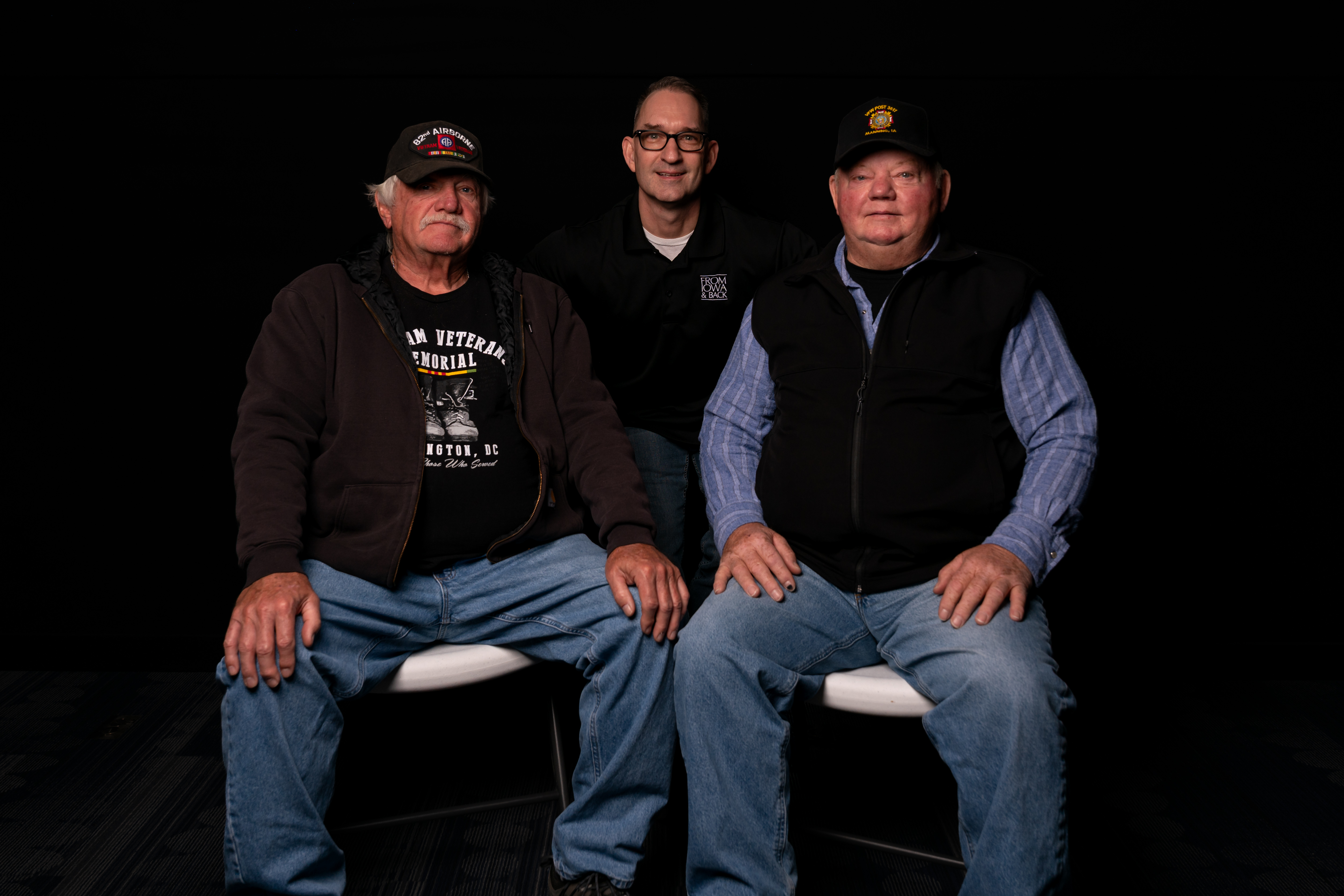 Jeremy Glazier with two Vietnam-era veterans from Audubon, Iowa, photographed for the continuing From Iowa and Back project.