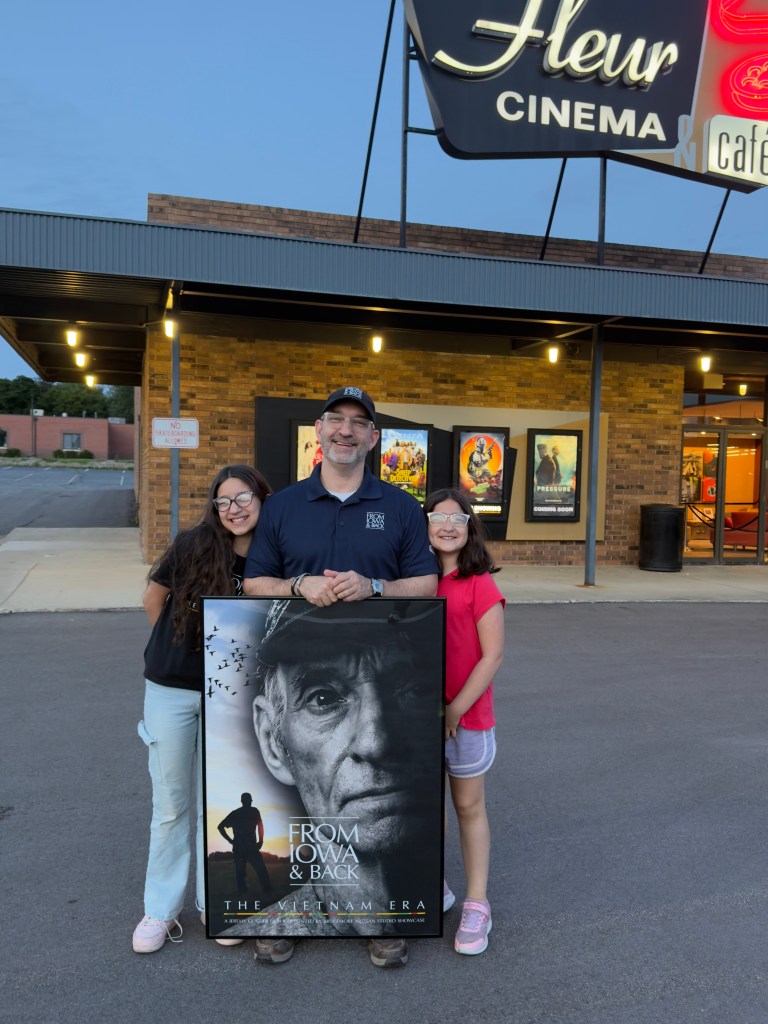 Jeremy Glazier with daughters Jessica and Audrey outside Fleur Cinema during the 2026 Iowa Motion Picture Association Film Festival in Des Moines, Iowa.
