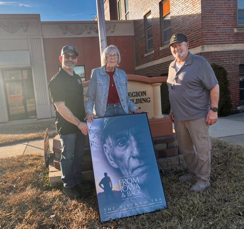 Jeremy Glazier with Lavon Fay and another attendee at the American Legion Memorial Building in Atlantic, Iowa, during a From Iowa and Back screening.