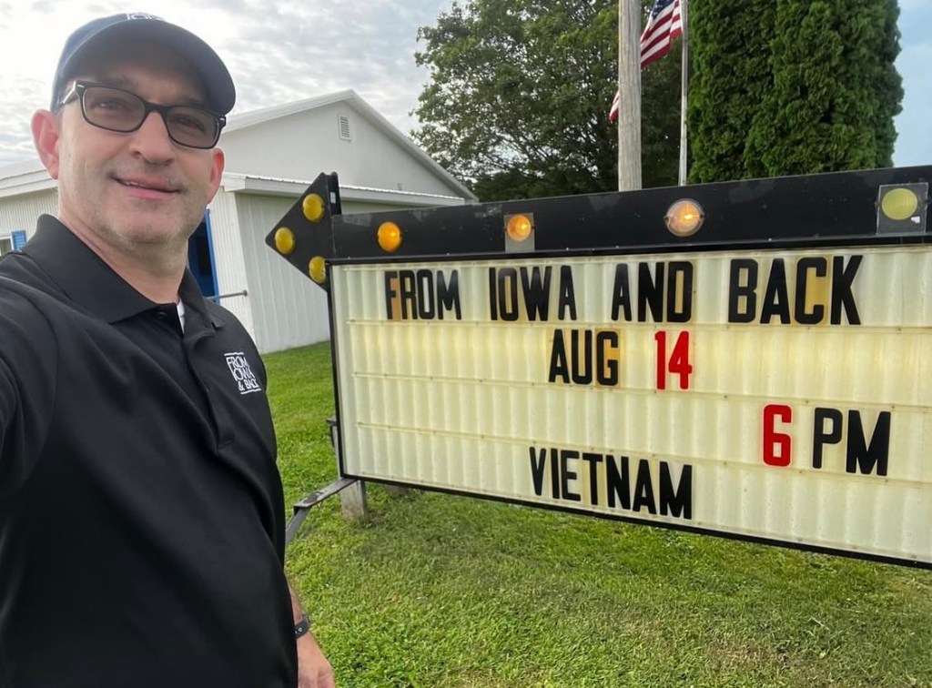 Jeremy Glazier outside VFW Post 7920 in Osage, Iowa, before a From Iowa and Back fundraiser dinner and screening.