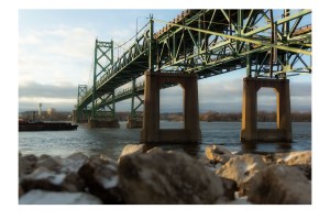 Fine-art photographic interpretation of the historic I-74 Twin Bridges over the Mississippi River, presented with white margins for an artist-signed and numbered limited-edition print.