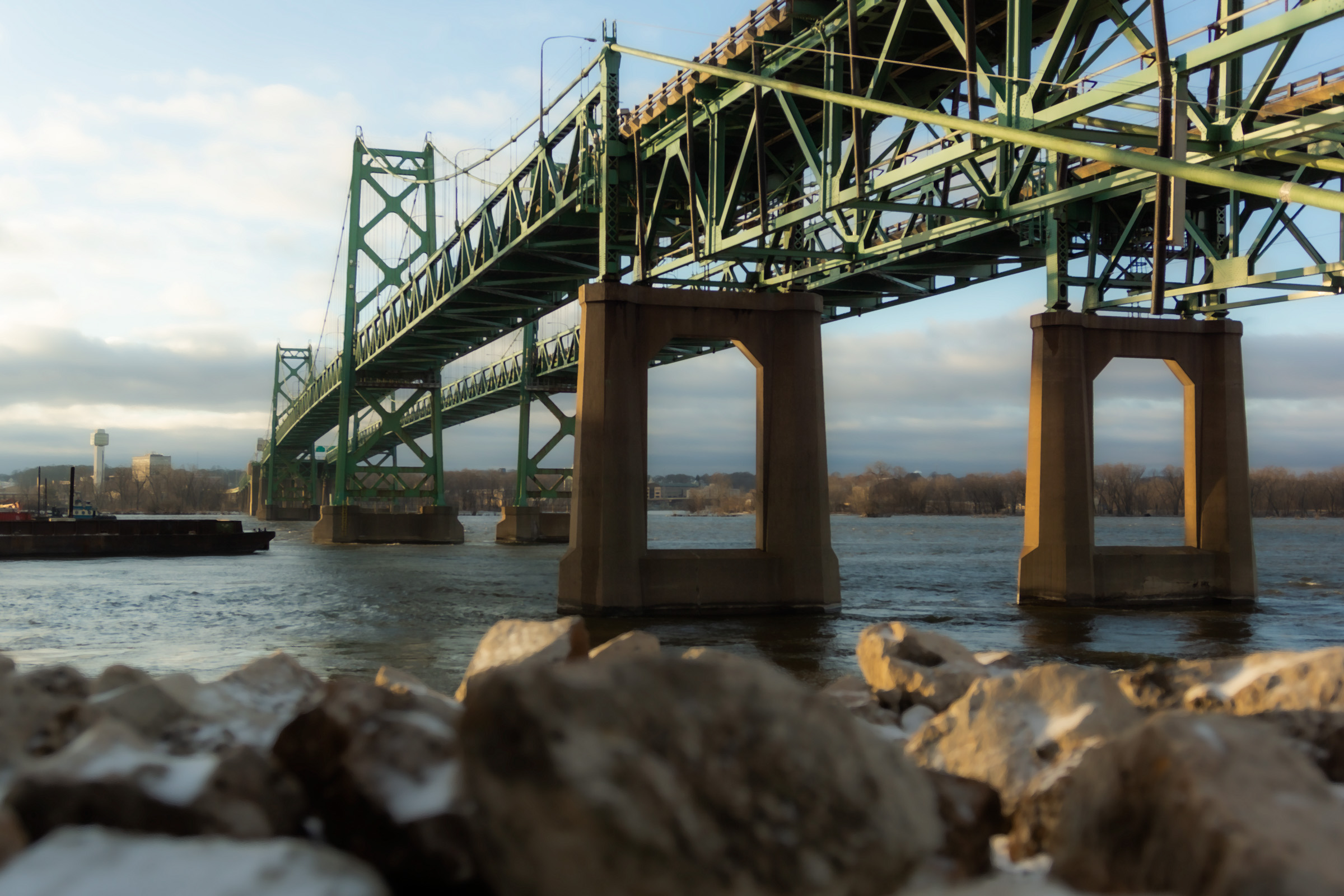 The Twin Bridges, a painterly fine-art photograph of the historic I-74 bridges spanning the Mississippi River