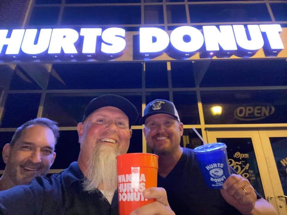 Jeremy Glazier, Paul Quillan and Chris Kasparek outside Hurts Donut during their annual meetup